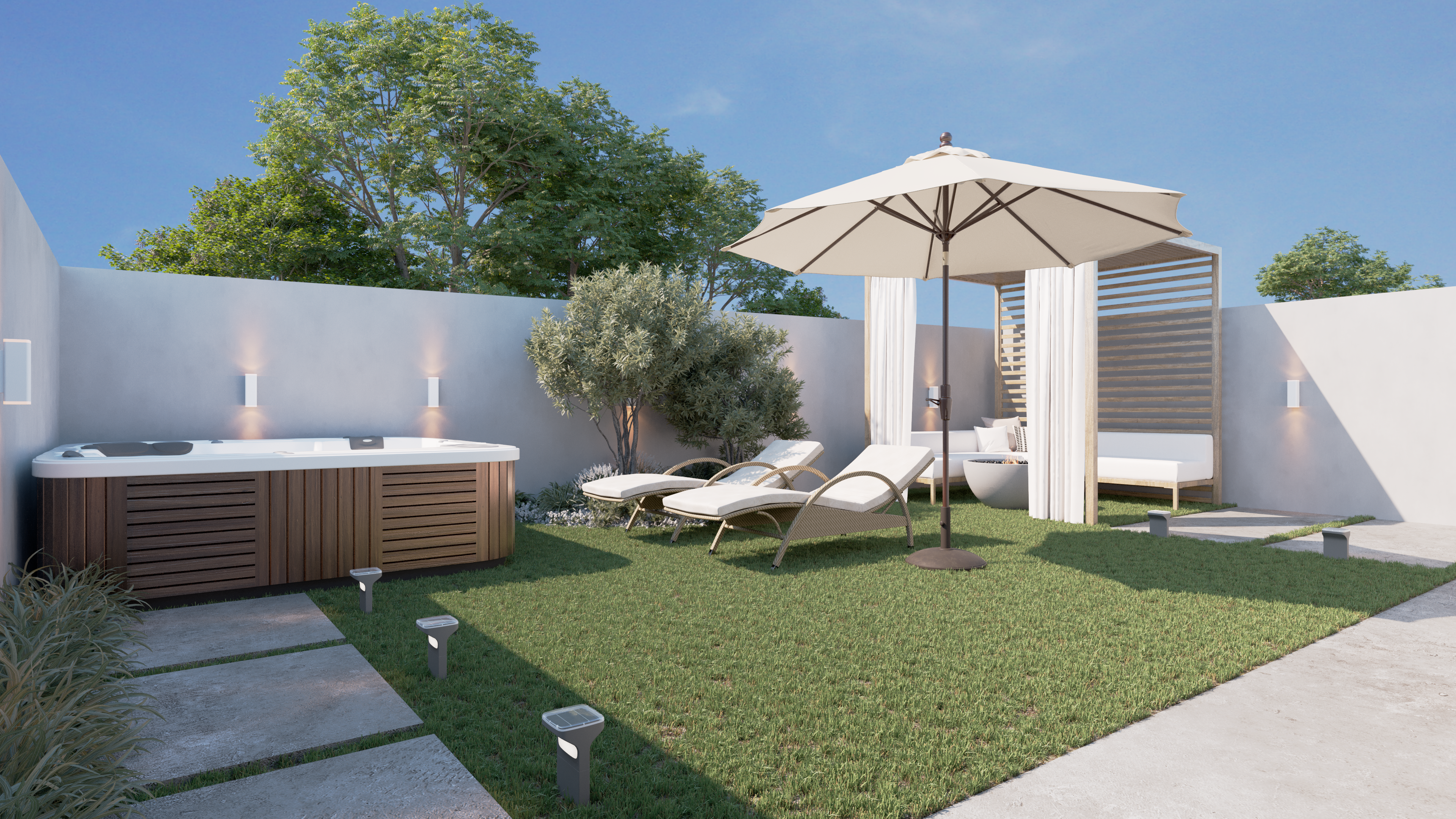 Área de lazer com piscina e espaços de convivência.