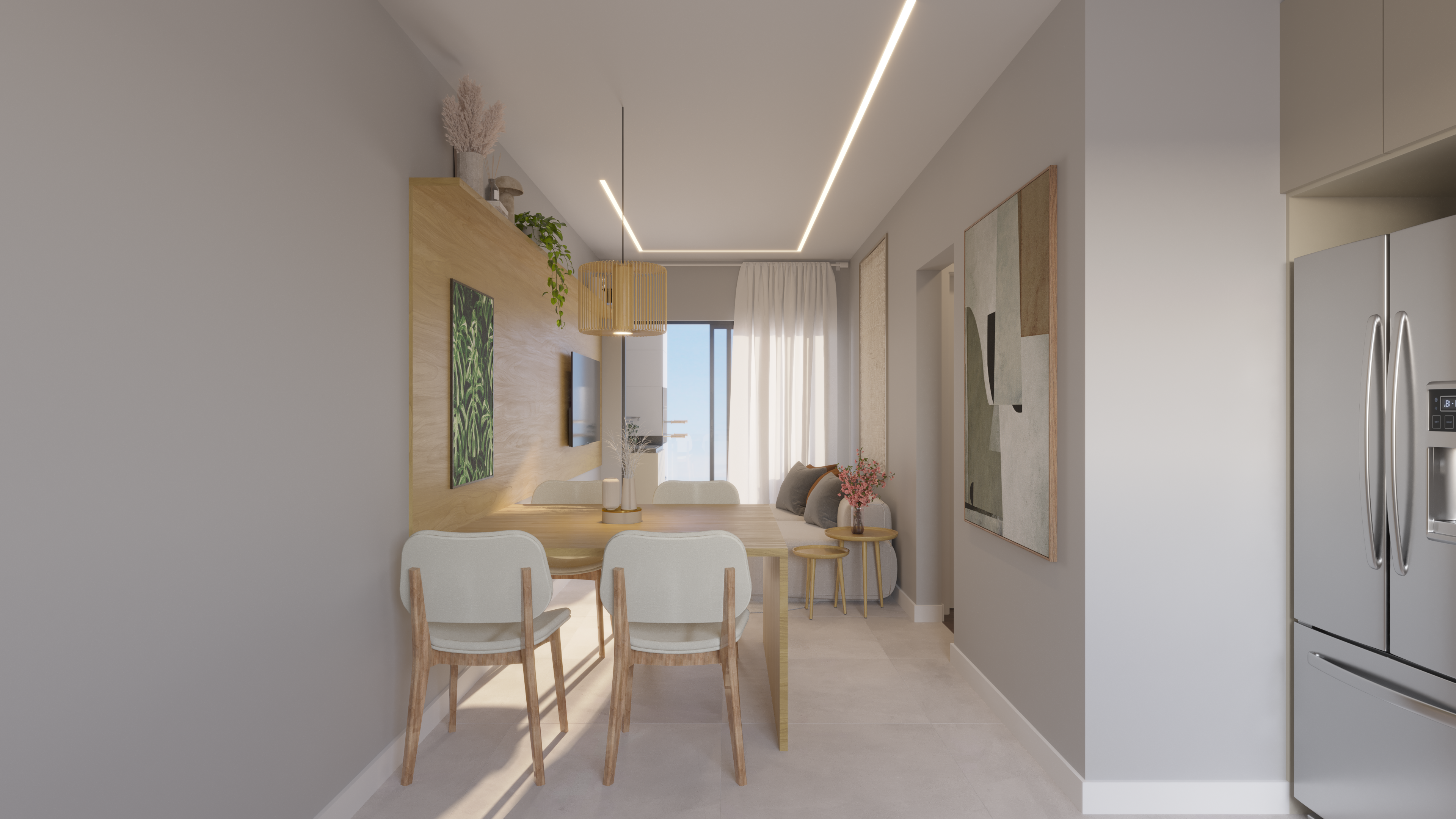 Living integrado com cozinha e varanda gourmet.