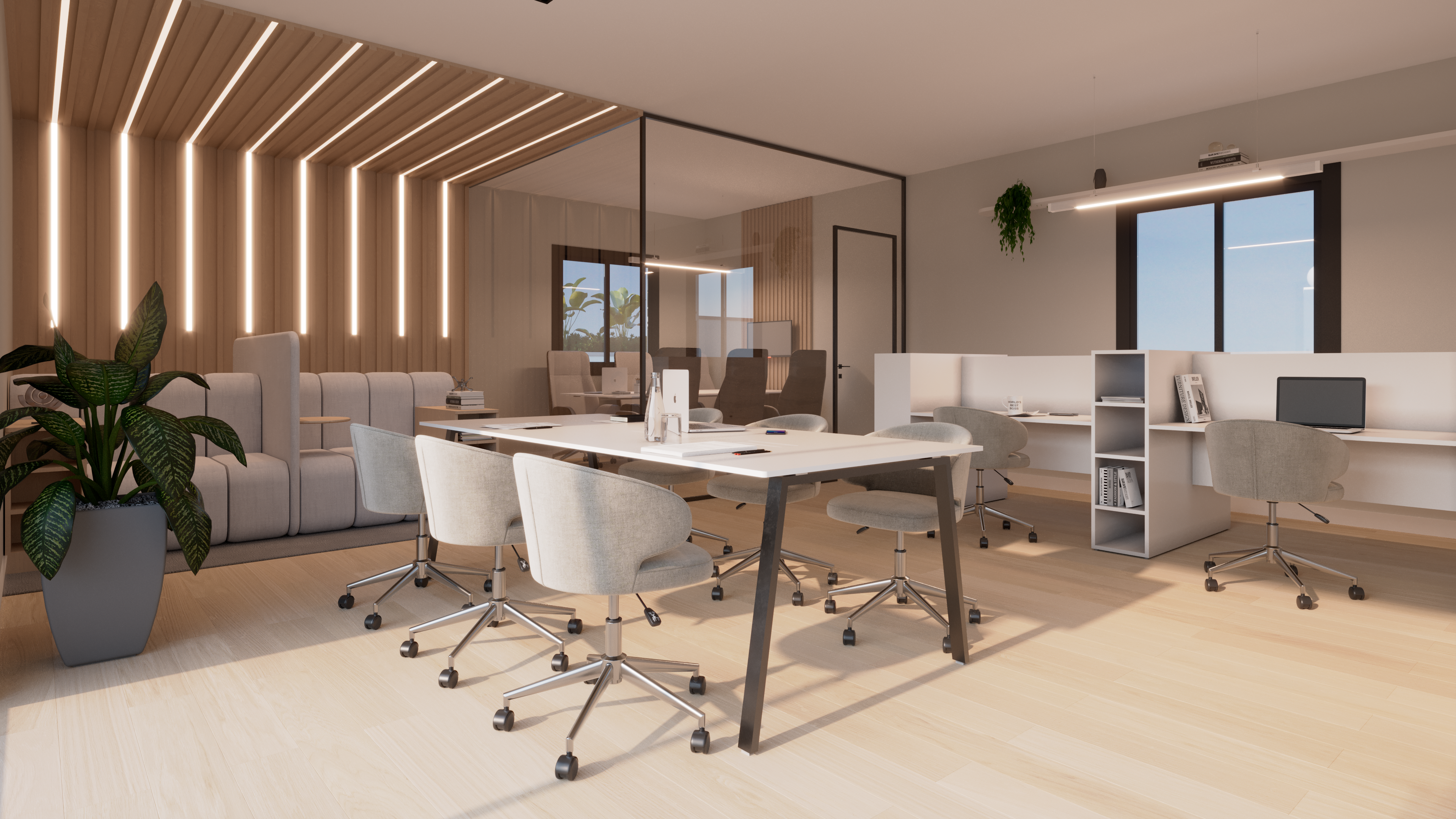 Coworking, academia e praça elevada para uso diário.