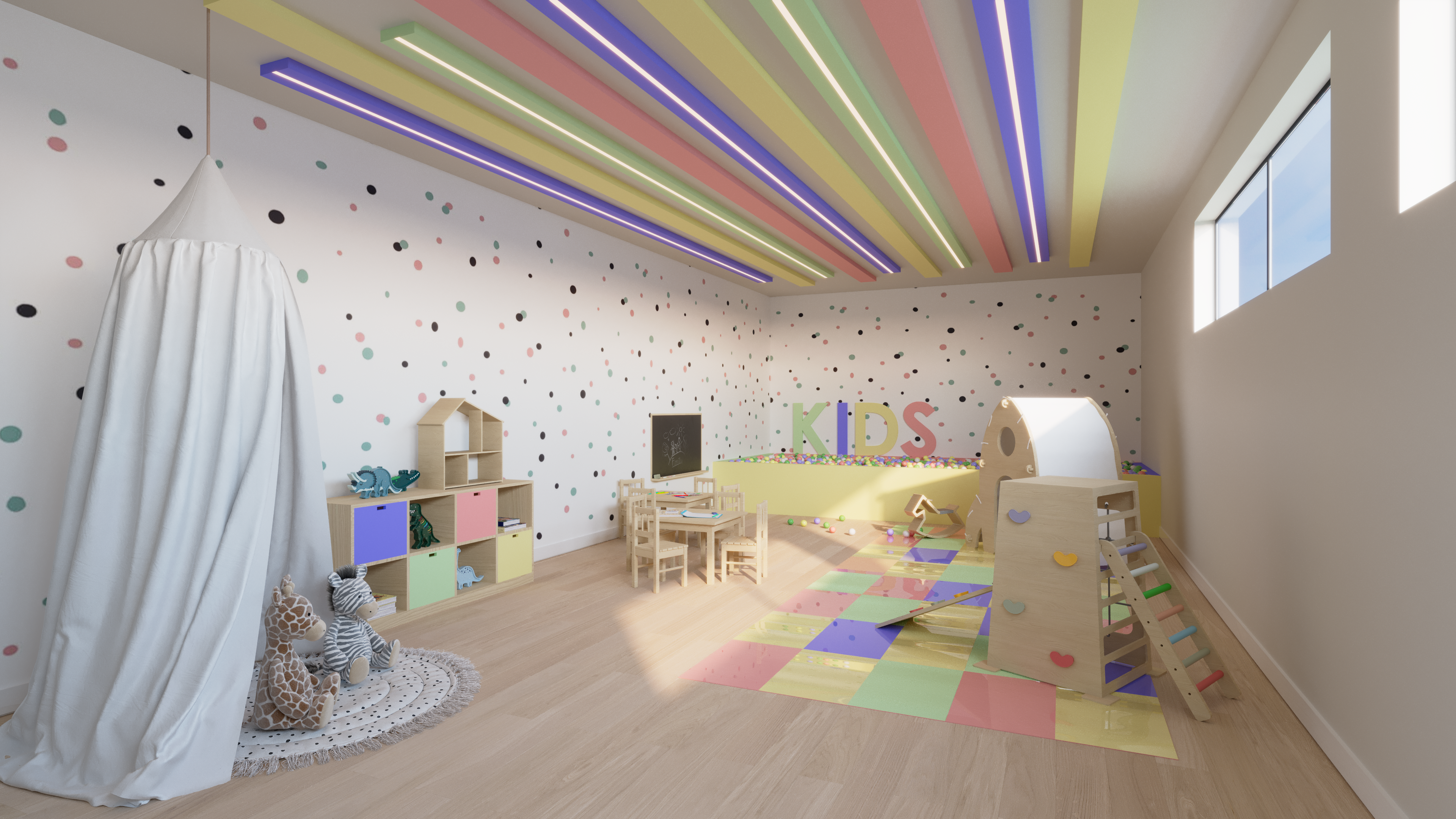 Brinquedoteca preparada para as crianças.