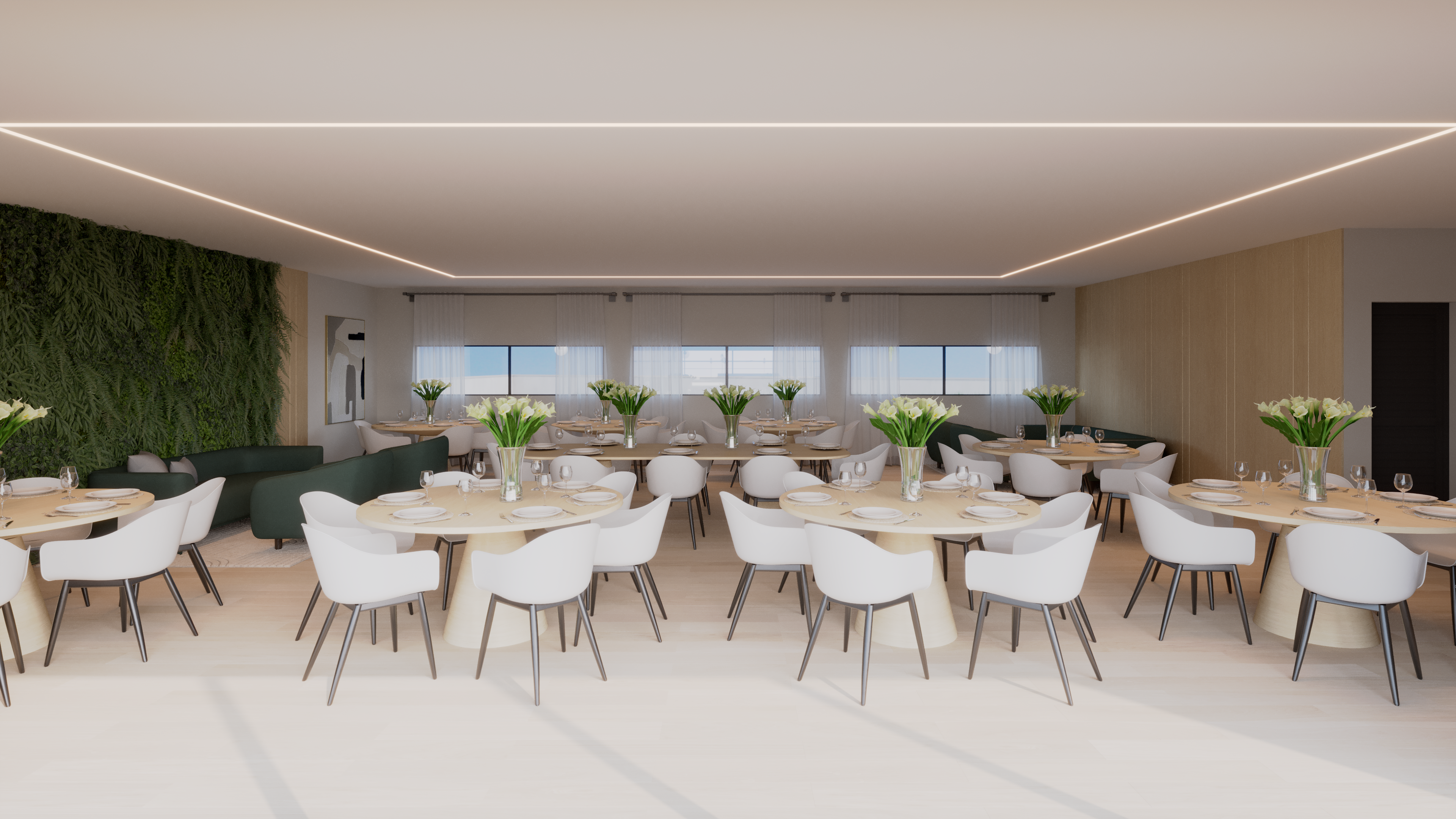 Salão de festas completo para eventos especiais.